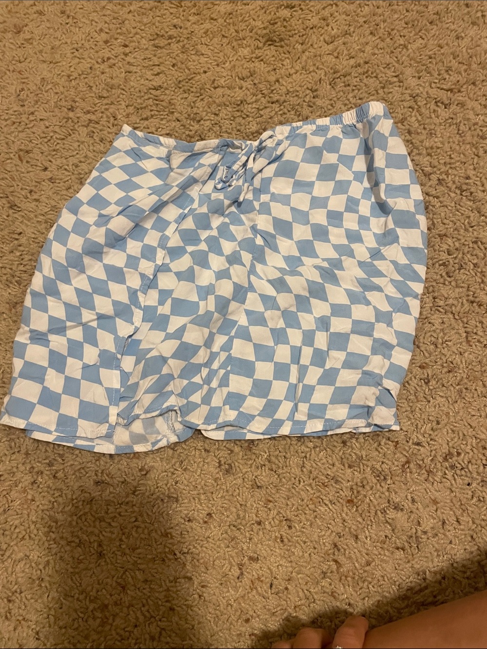 Light Blue and White Checkerboard Drawstring Shorts
